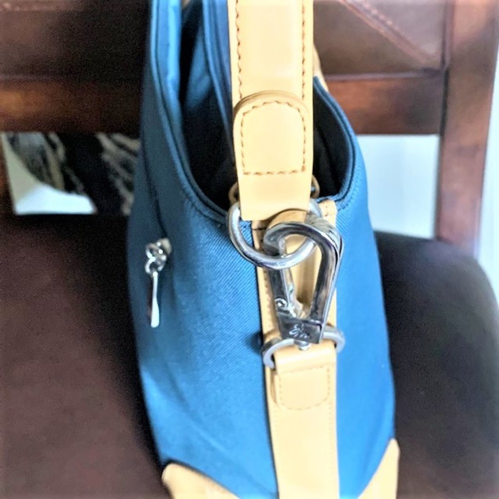JOY MANGANO Teal/Tan Trim Bucket Shoulder Handbag - Picture 7 of 10